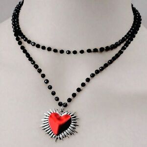 Bursting Sacred Heart~ of Jesus Immaculate Mary Catholic Ruby Red Steel Necklace